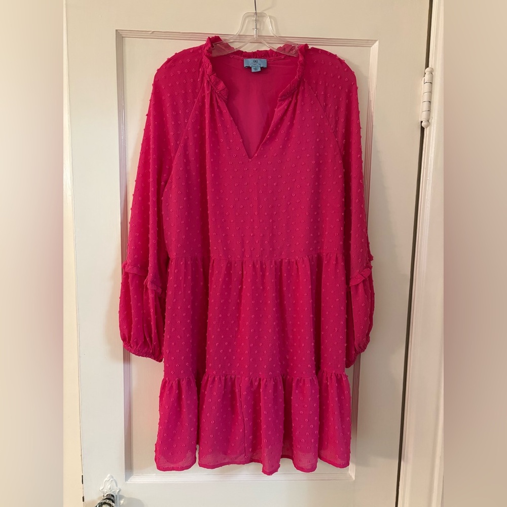 CeCe Hot Pink Clip Dot Babydoll Dress L | Long Sleeve Balloon Sleeve - Picture 2 of 9
